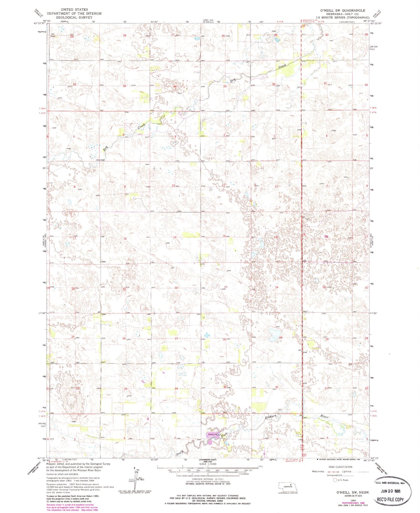 Classic USGS O'Neill SW Nebraska 7.5'x7.5' Topo Map Image