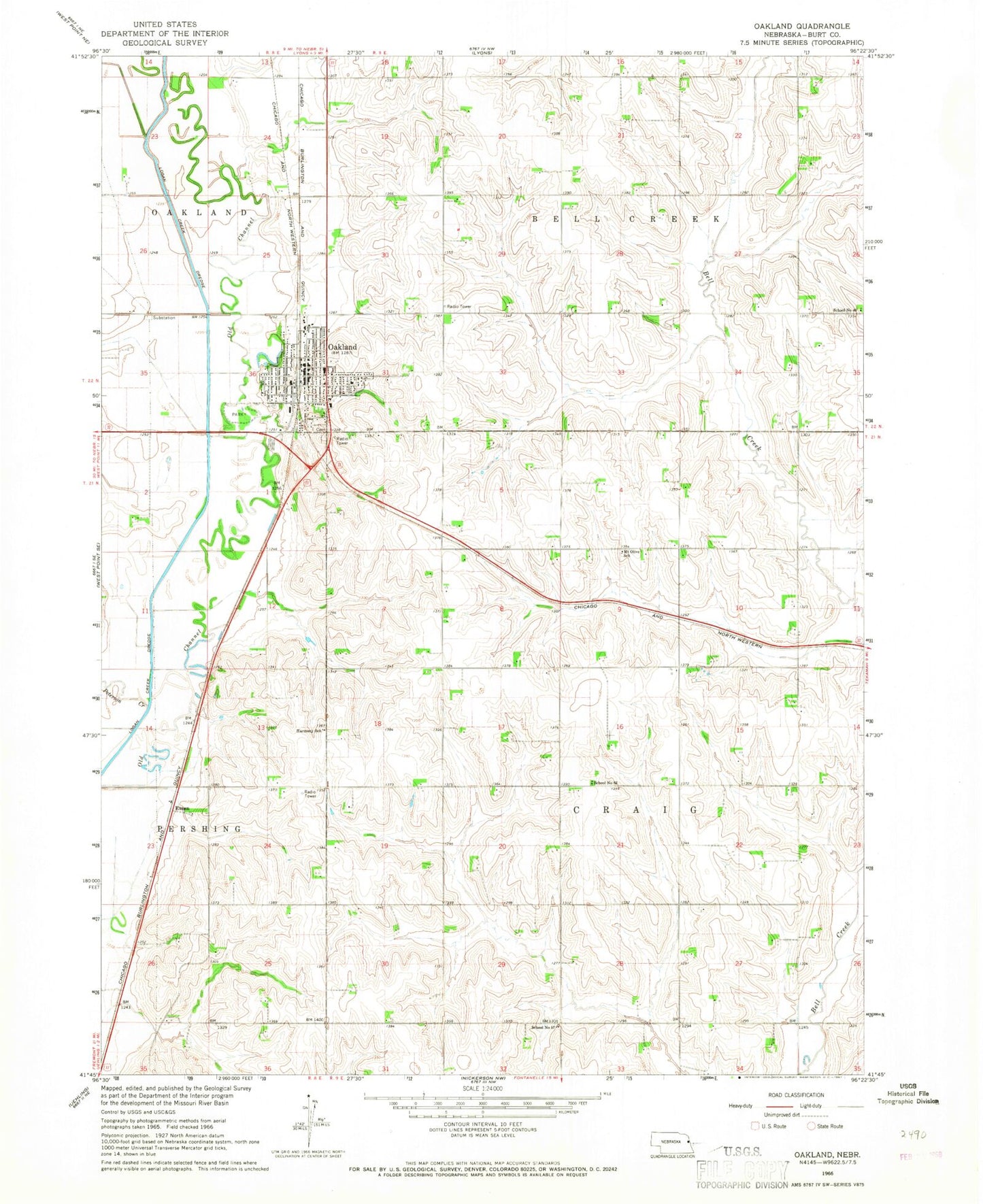 Classic USGS Oakland Nebraska 7.5'x7.5' Topo Map Image