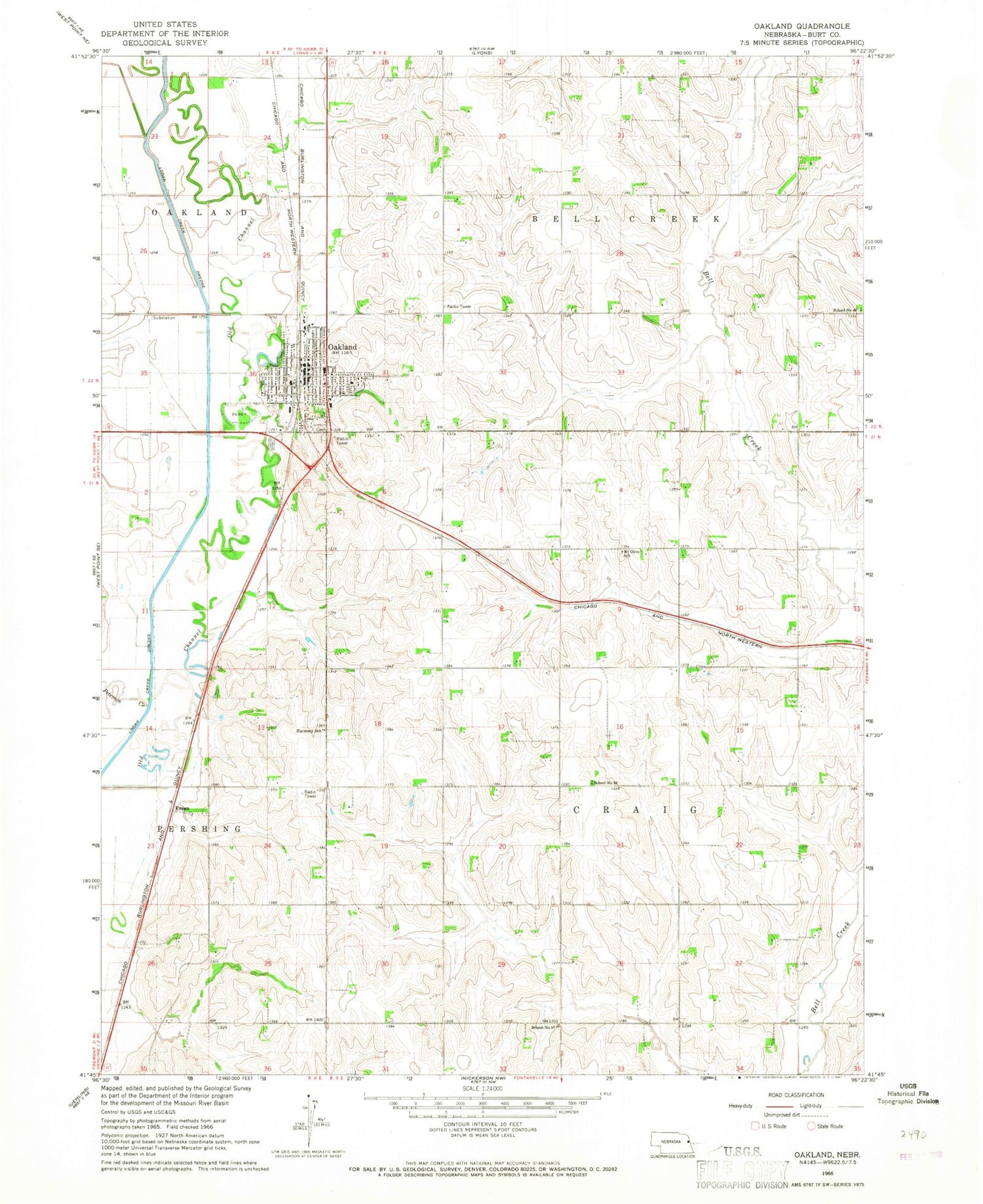 Classic USGS Oakland Nebraska 7.5'x7.5' Topo Map Image
