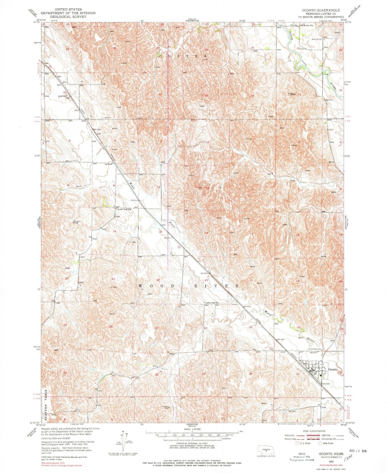 Classic USGS Oconto Nebraska 7.5'x7.5' Topo Map Image