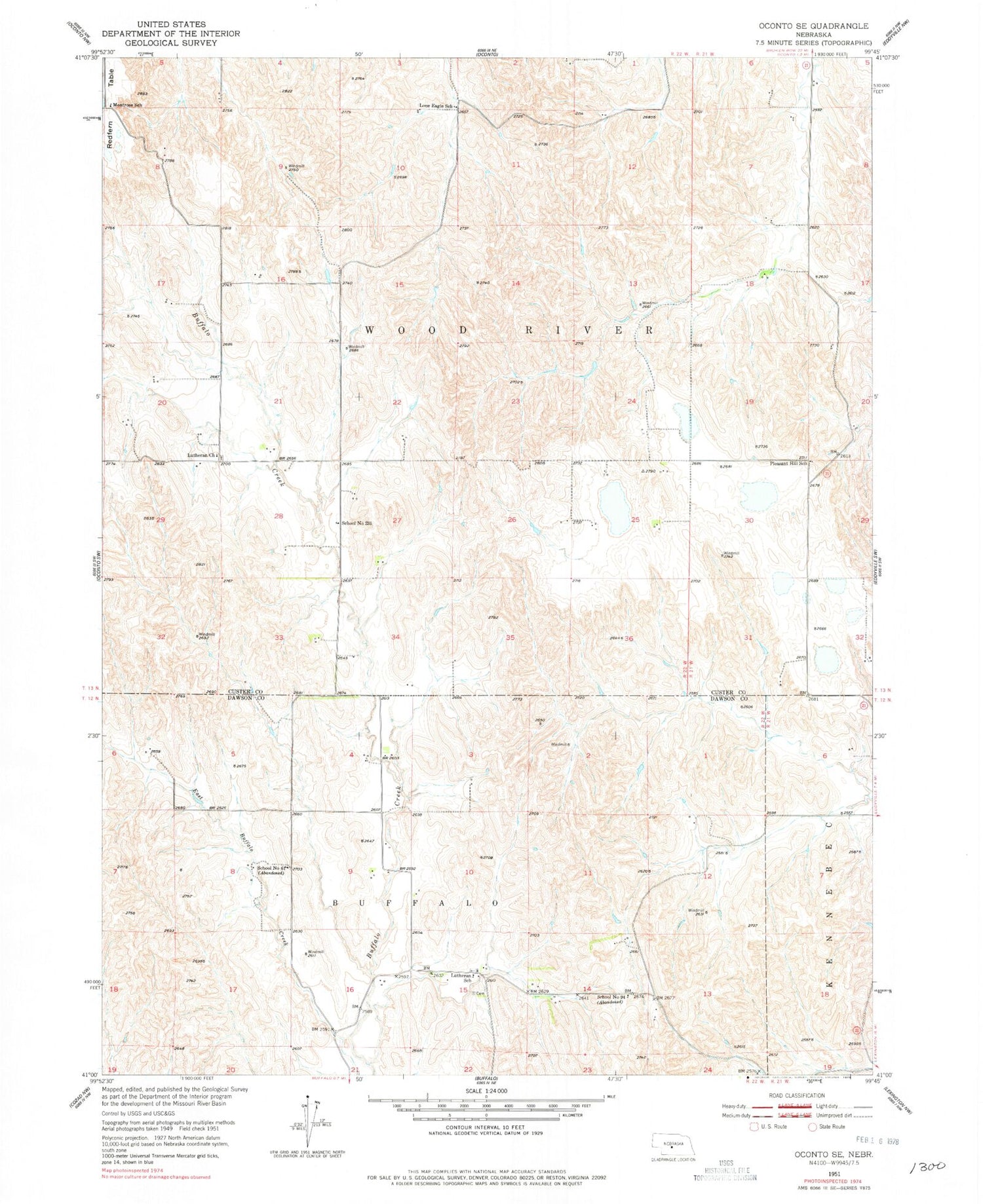 Classic USGS Oconto SE Nebraska 7.5'x7.5' Topo Map Image