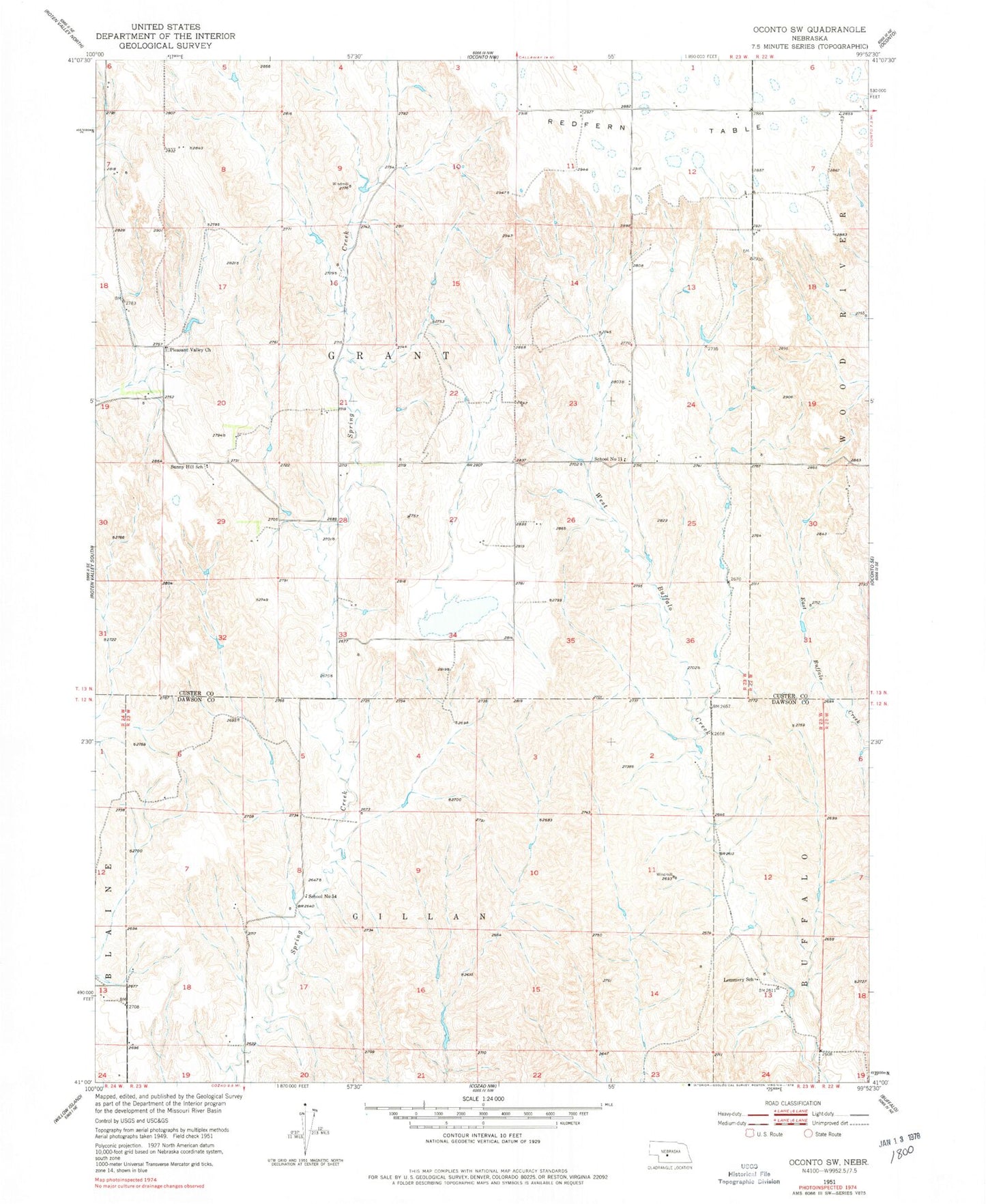 Classic USGS Oconto SW Nebraska 7.5'x7.5' Topo Map Image