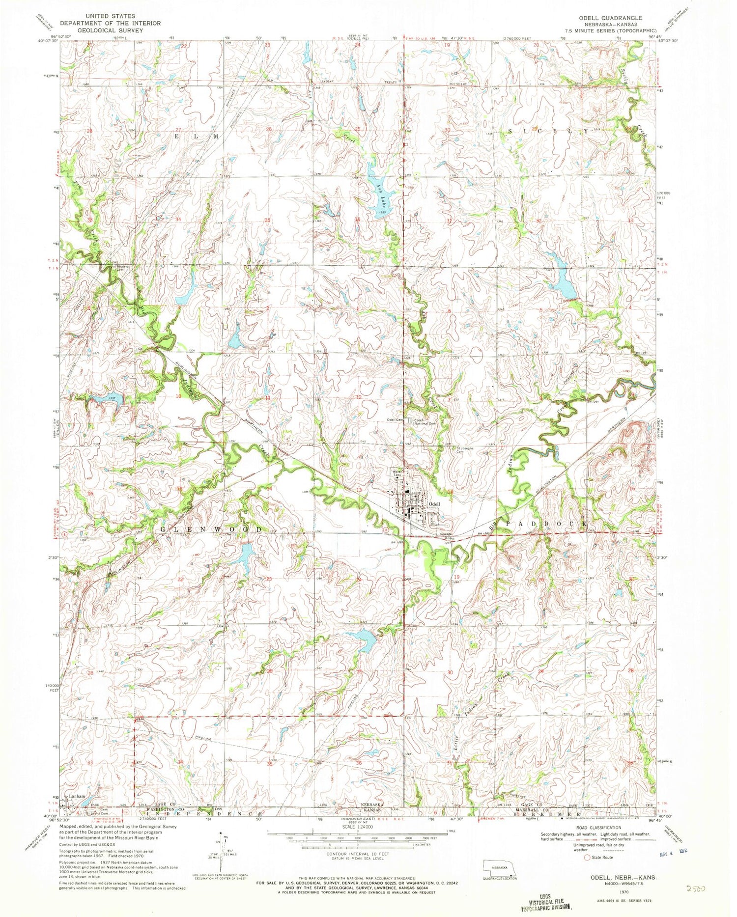 Classic USGS Odell Nebraska 7.5'x7.5' Topo Map Image