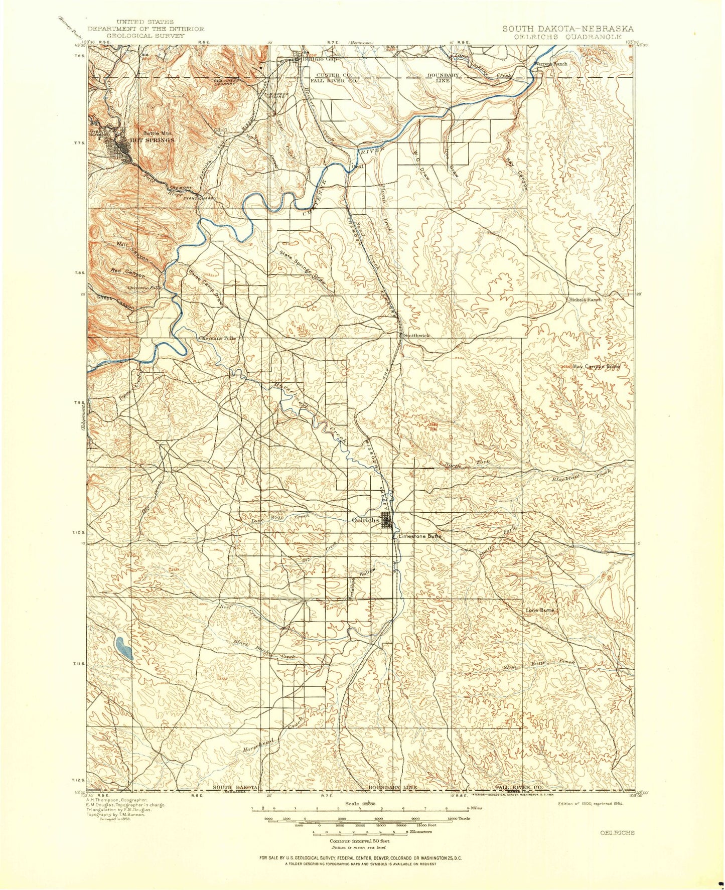 Historic 1900 Oelrichs South Dakota 30'x30' Topo Map Image