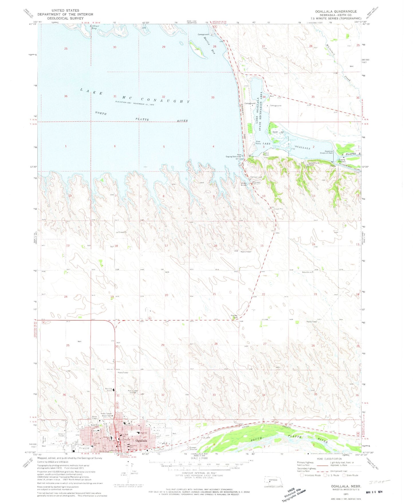 Classic USGS Ogallala Nebraska 7.5'x7.5' Topo Map Image