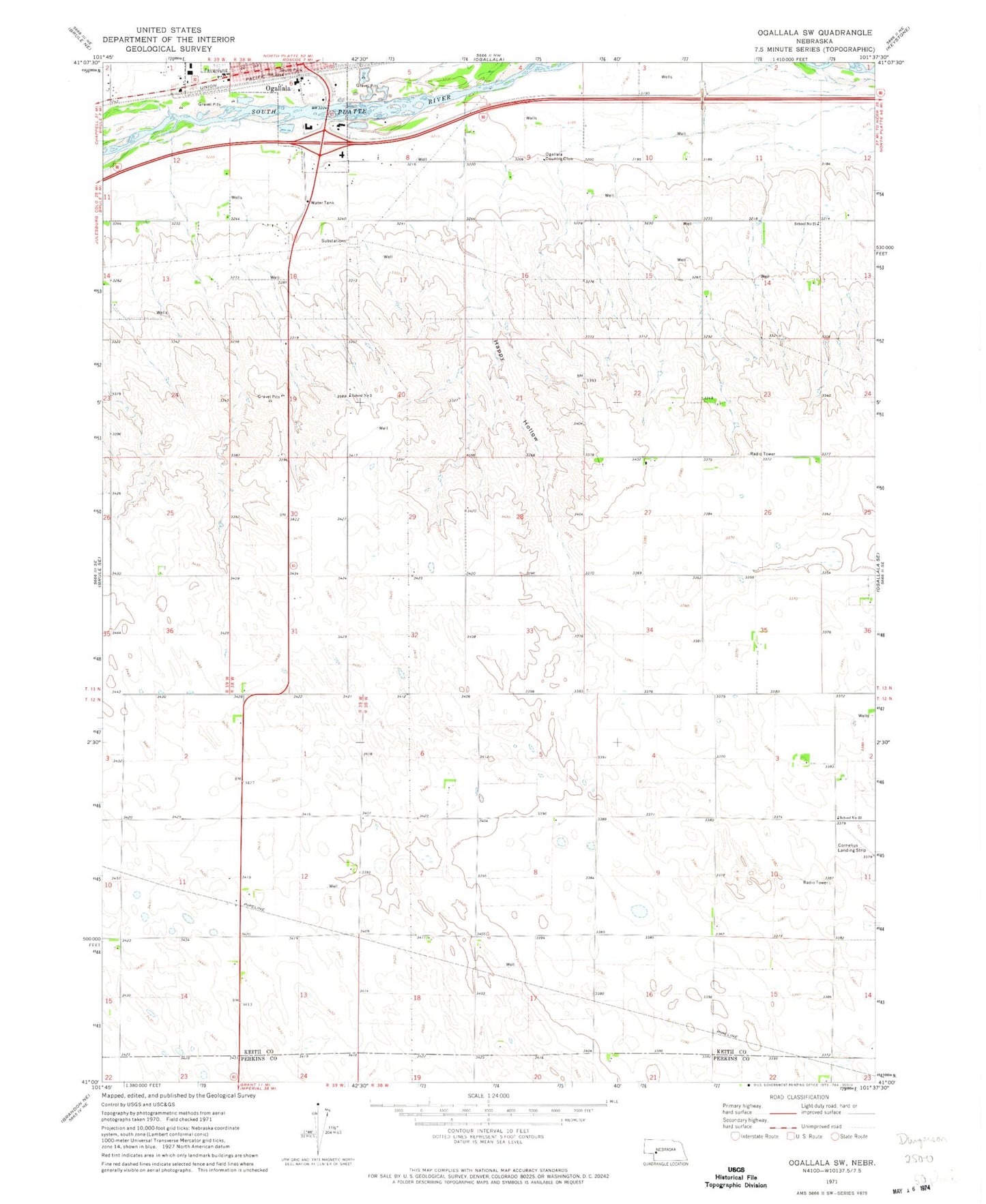 Classic USGS Ogallala SW Nebraska 7.5'x7.5' Topo Map Image