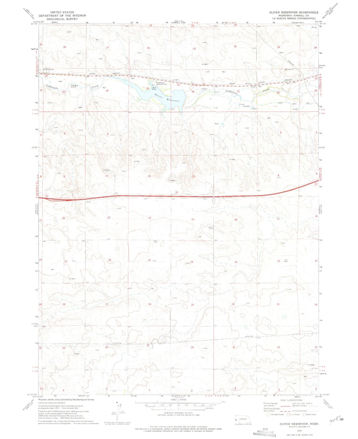 Classic USGS Oliver Reservoir Nebraska 7.5'x7.5' Topo Map Image