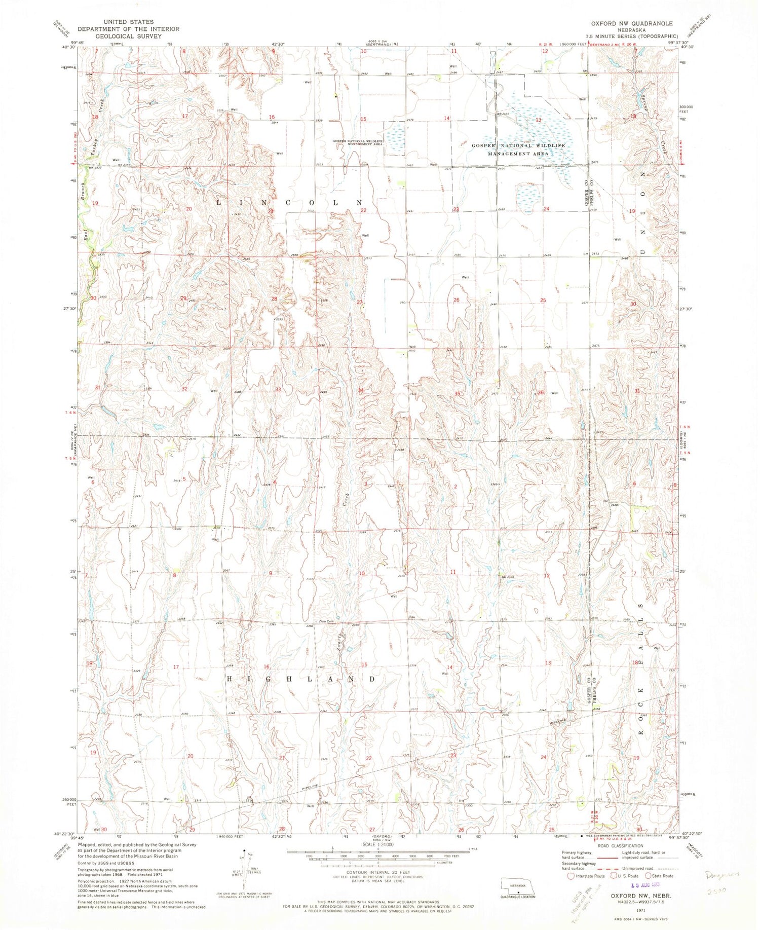 Classic USGS Oxford NW Nebraska 7.5'x7.5' Topo Map Image