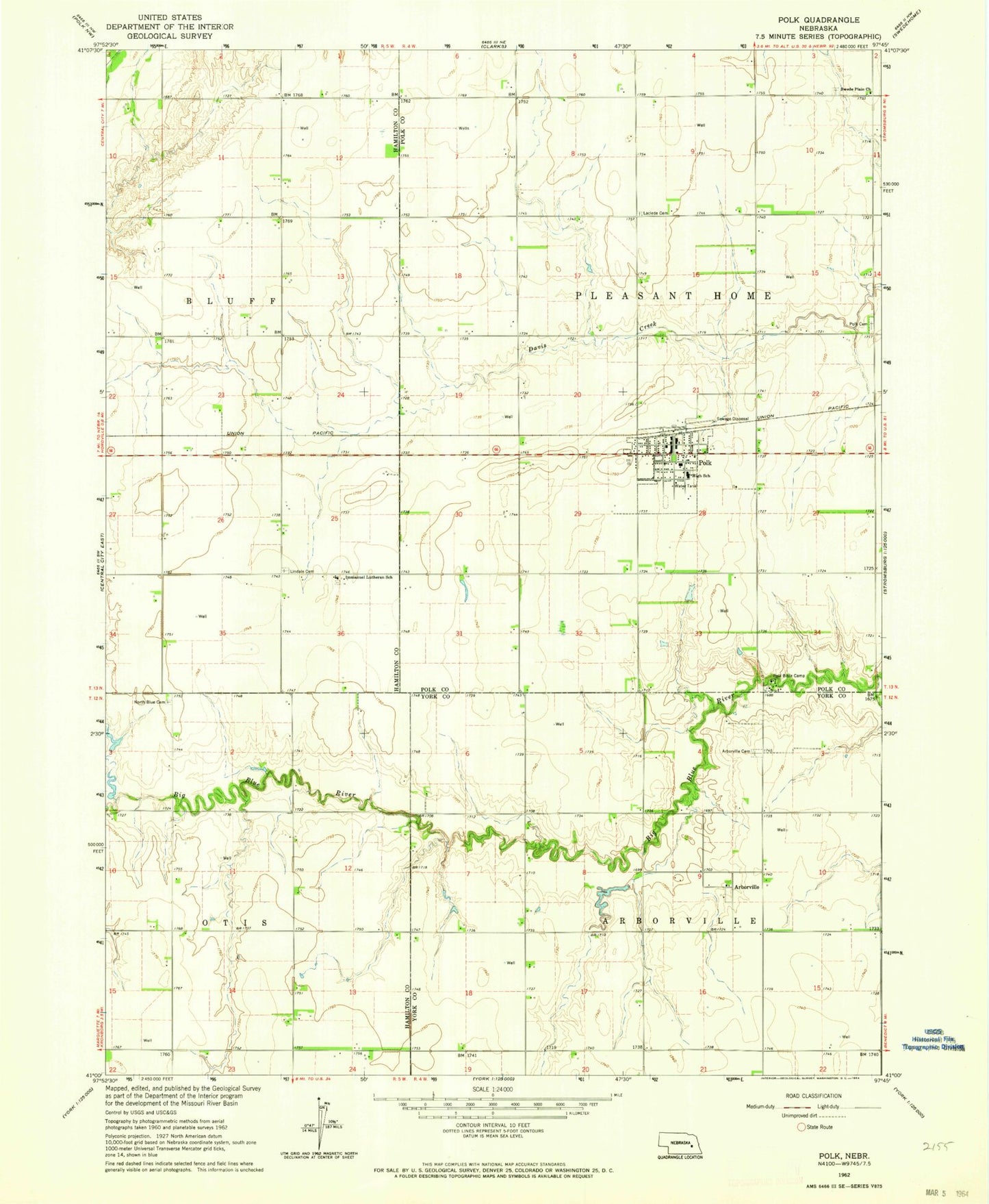 Classic USGS Polk Nebraska 7.5'x7.5' Topo Map Image