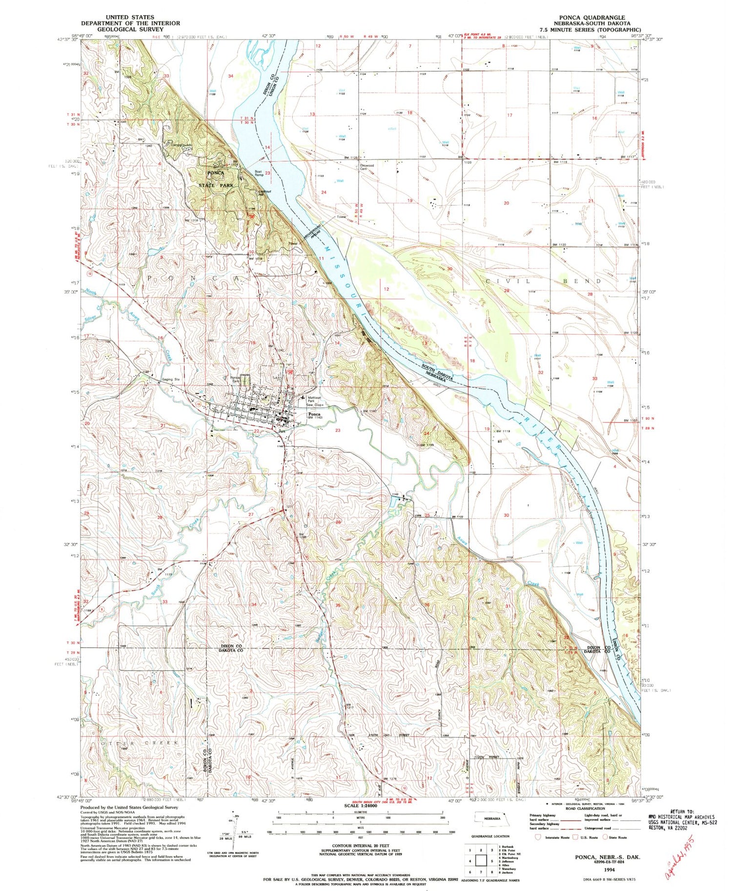 Classic USGS Ponca Nebraska 7.5'x7.5' Topo Map Image