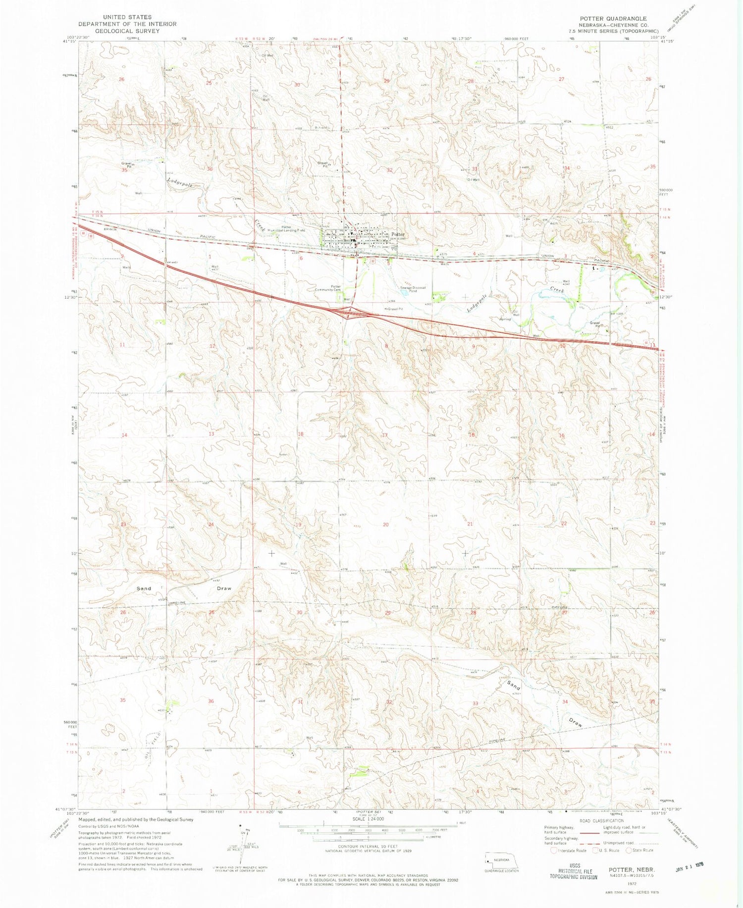 Classic USGS Potter Nebraska 7.5'x7.5' Topo Map Image