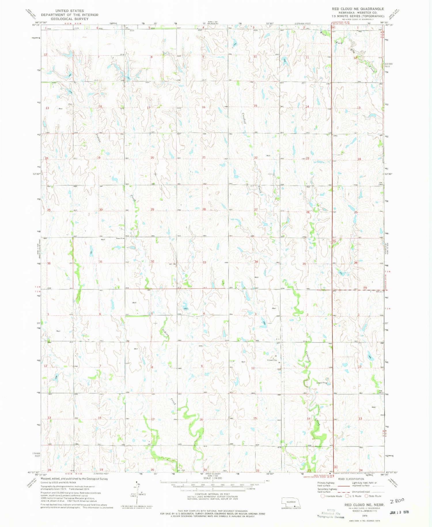 Classic USGS Red Cloud NE Nebraska 7.5'x7.5' Topo Map Image