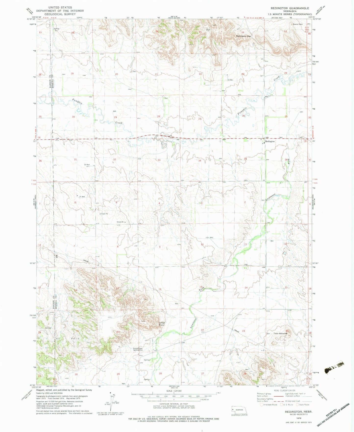 Classic USGS Redington Nebraska 7.5'x7.5' Topo Map Image