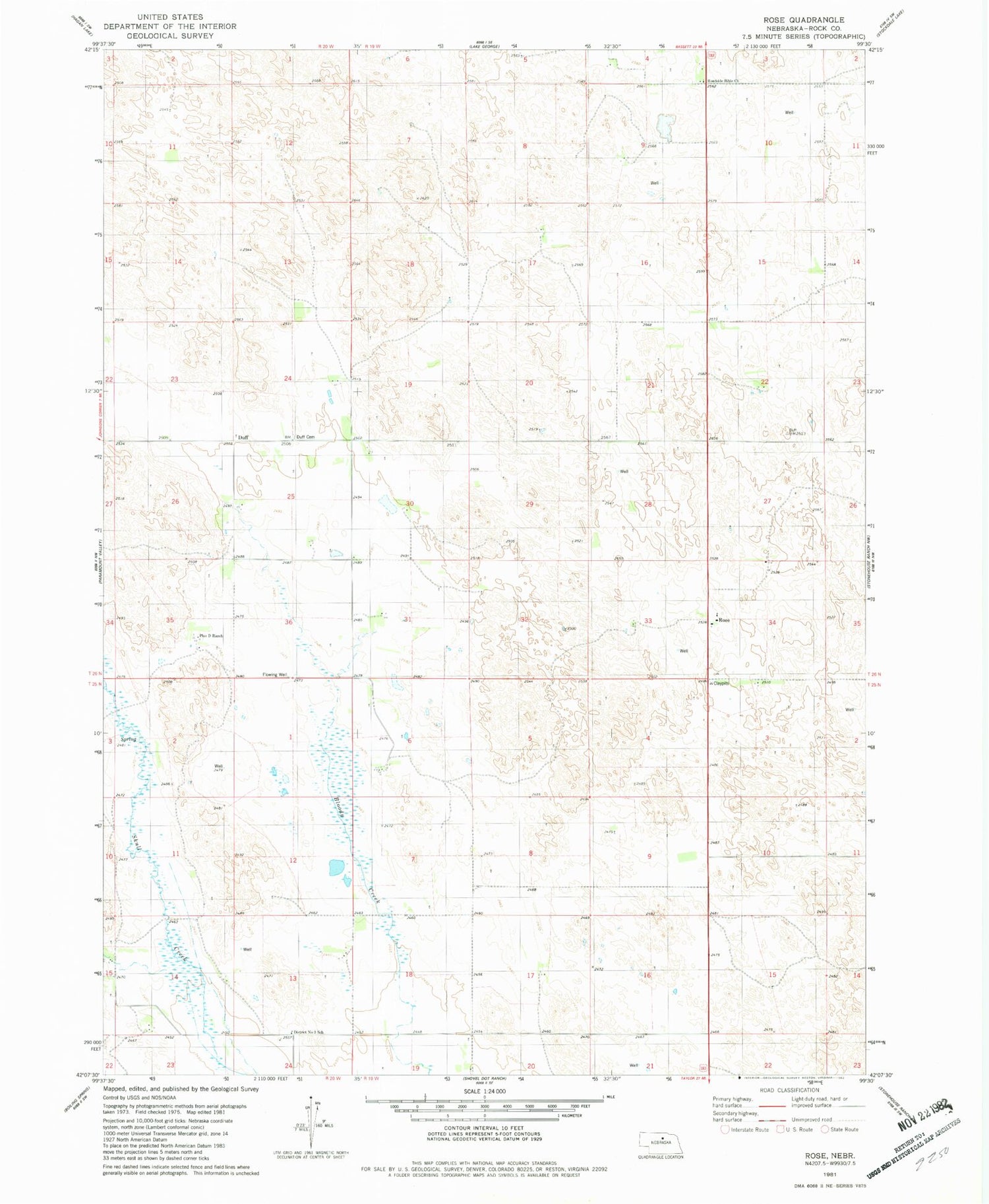 Classic USGS Rose Nebraska 7.5'x7.5' Topo Map Image