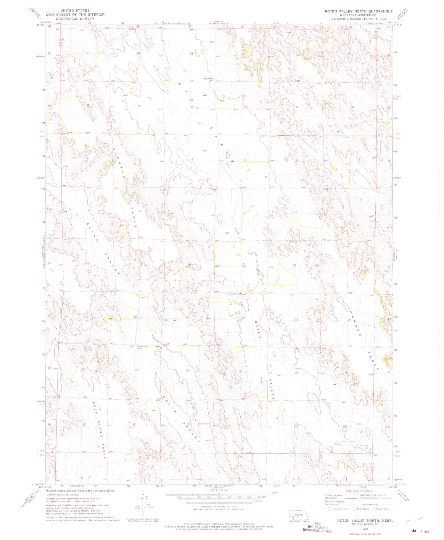 Classic USGS Roten Valley North Nebraska 7.5'x7.5' Topo Map Image