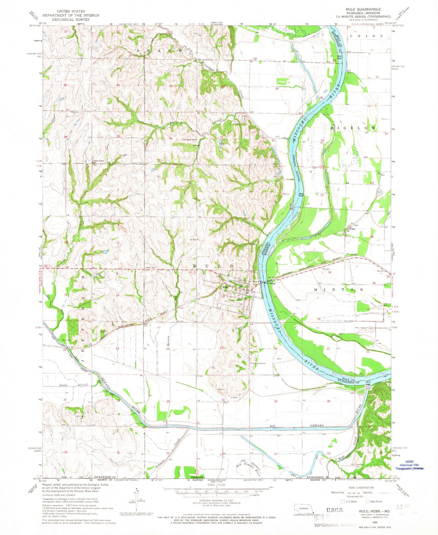 Classic USGS Rulo Nebraska 7.5'x7.5' Topo Map Image