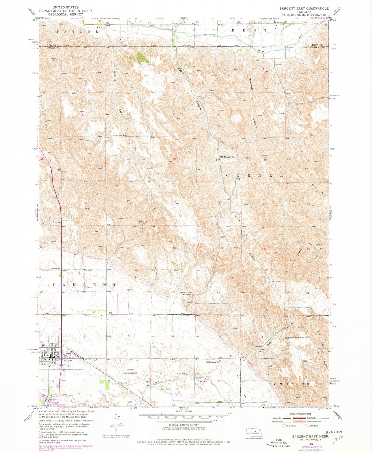 Classic USGS Sargent East Nebraska 7.5'x7.5' Topo Map Image