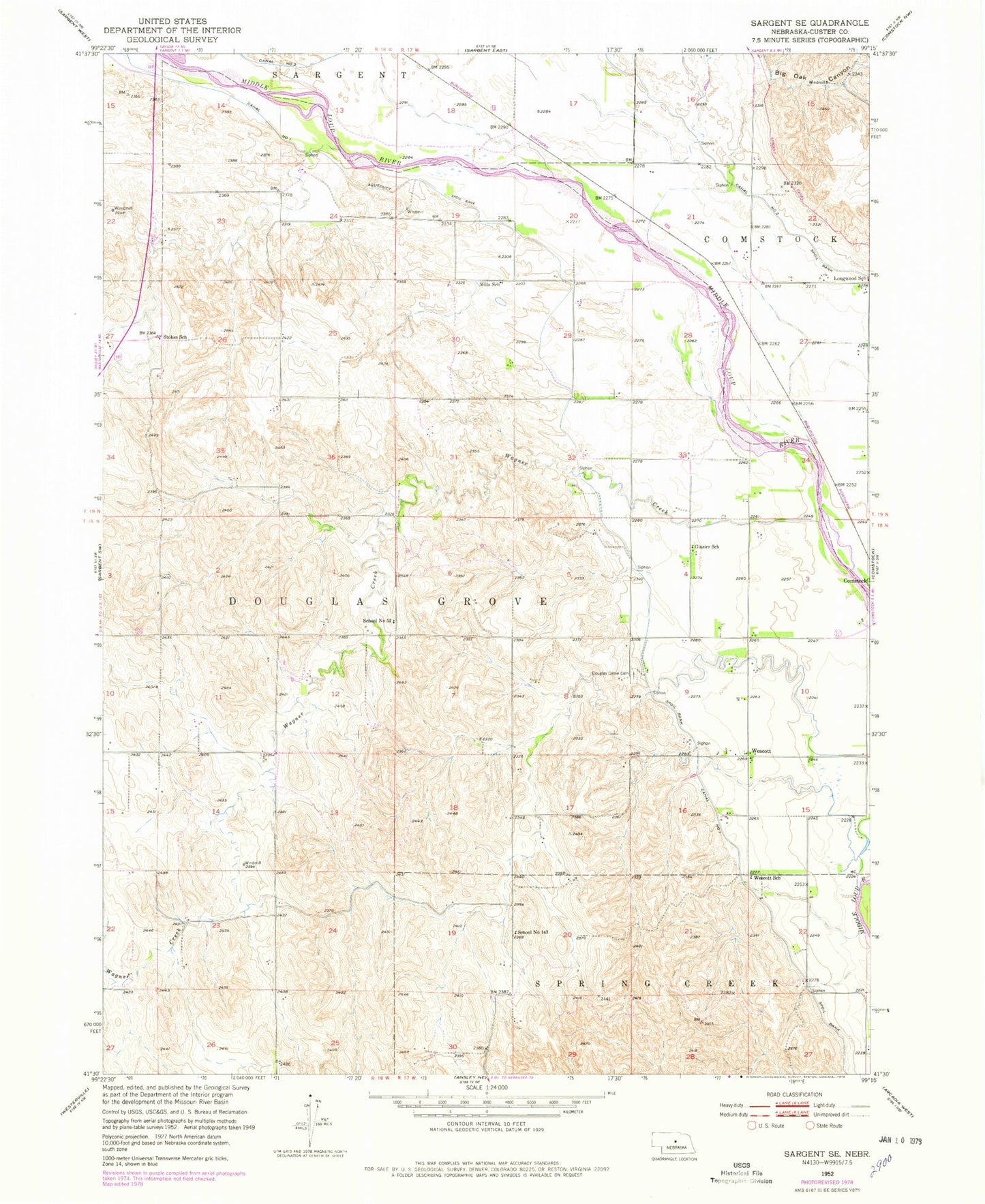 Classic USGS Sargent SE Nebraska 7.5'x7.5' Topo Map Image