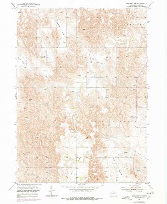 Classic USGS Sargent SW Nebraska 7.5'x7.5' Topo Map Image