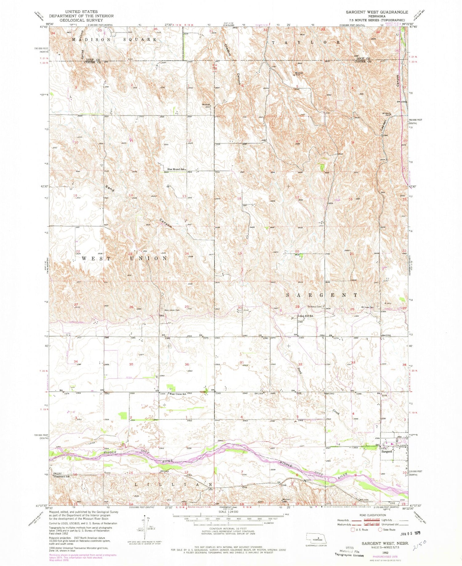 Classic USGS Sargent West Nebraska 7.5'x7.5' Topo Map Image