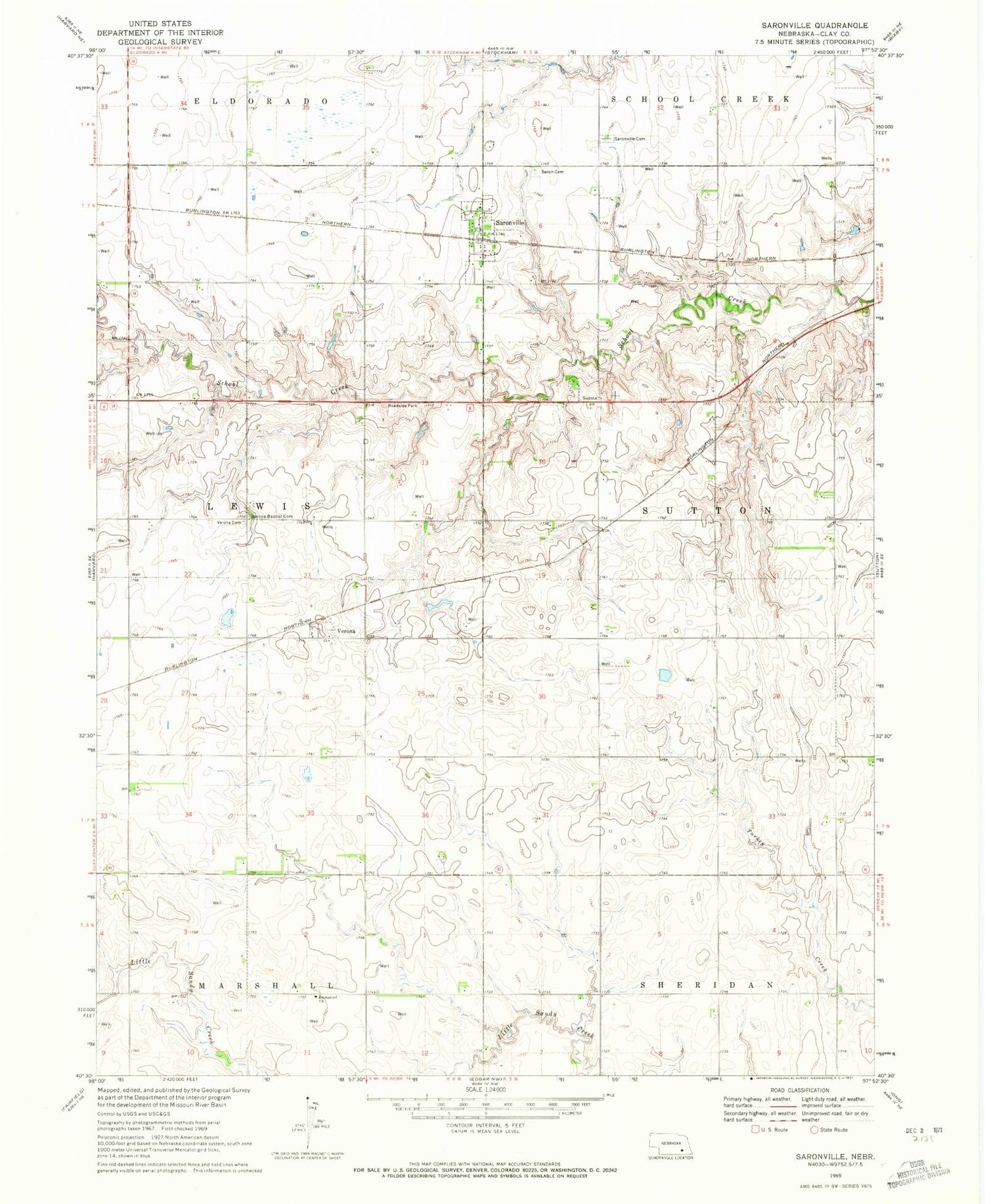 Classic USGS Saronville Nebraska 7.5'x7.5' Topo Map Image
