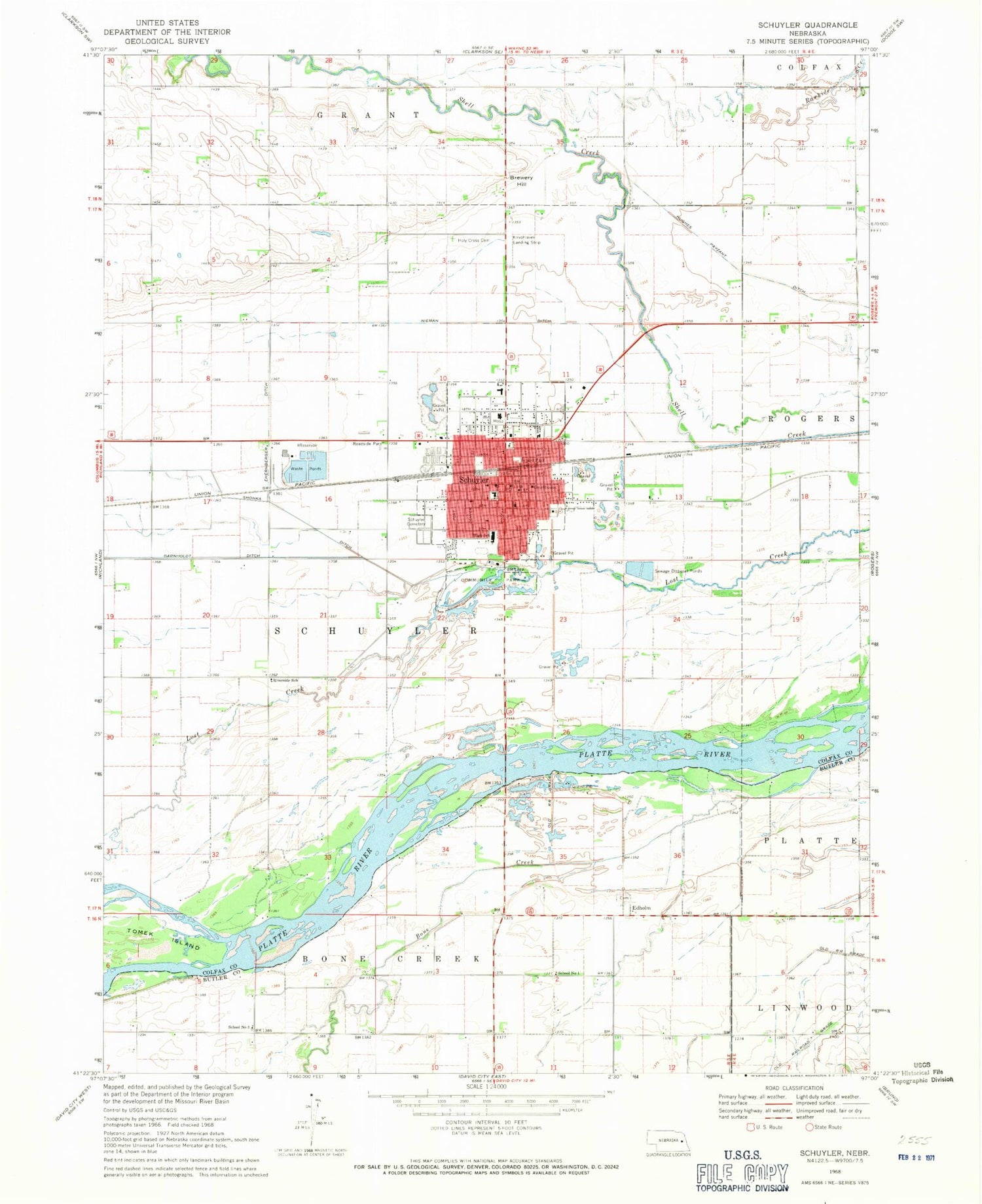 Classic USGS Schuyler Nebraska 7.5'x7.5' Topo Map Image