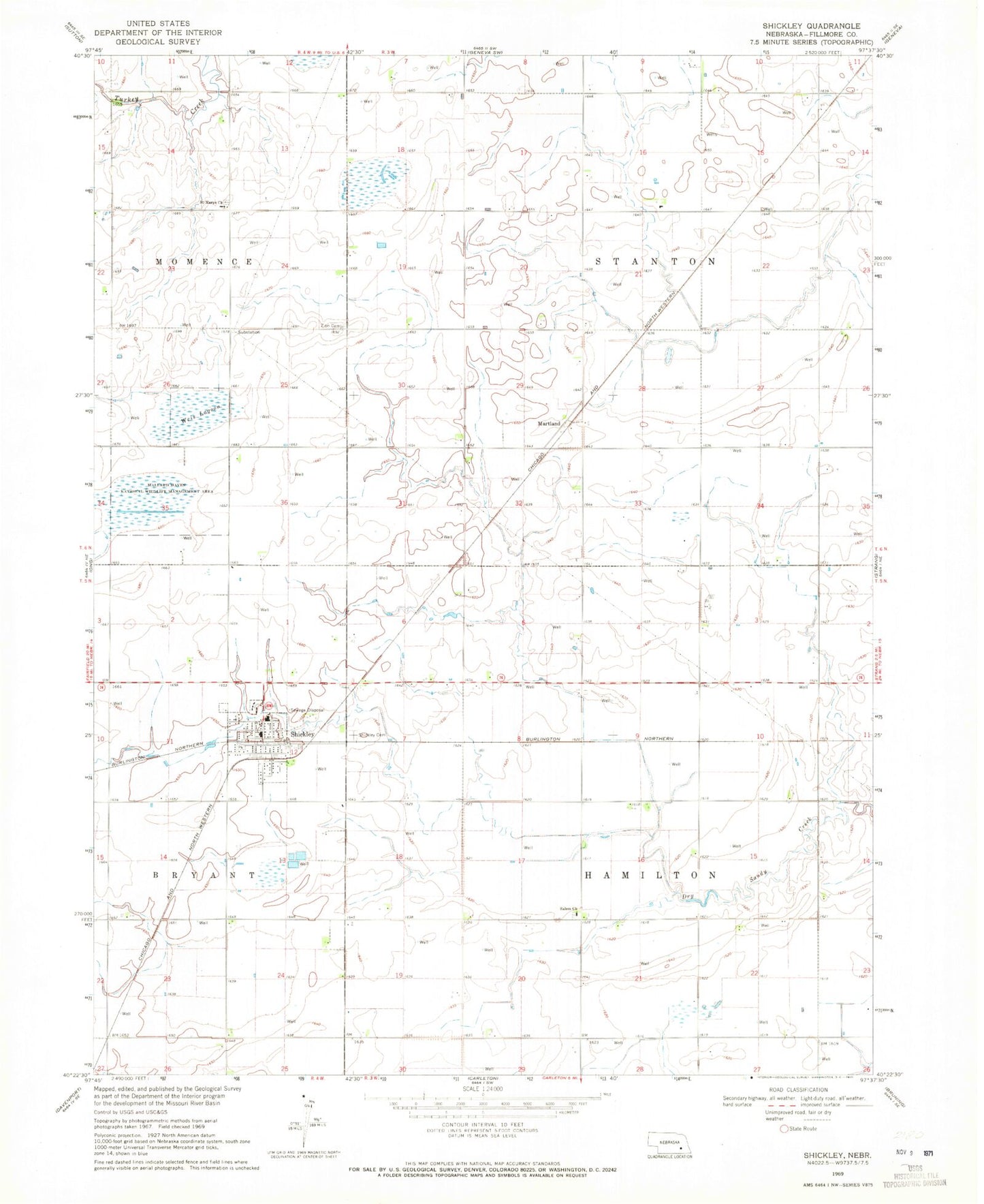 Classic USGS Shickley Nebraska 7.5'x7.5' Topo Map Image