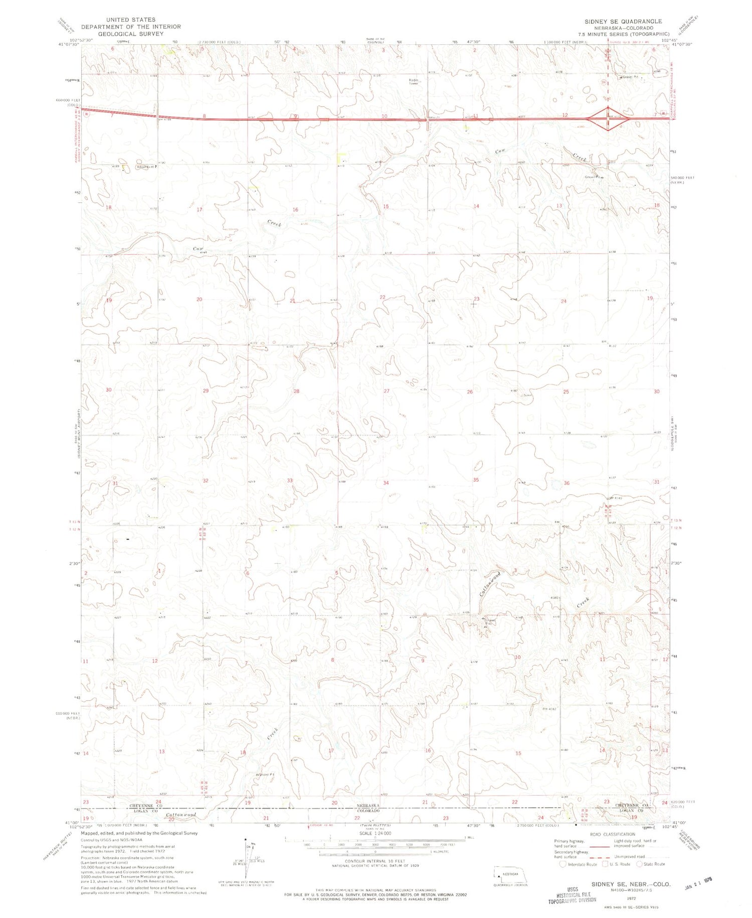 Classic USGS Sidney SE Nebraska 7.5'x7.5' Topo Map Image