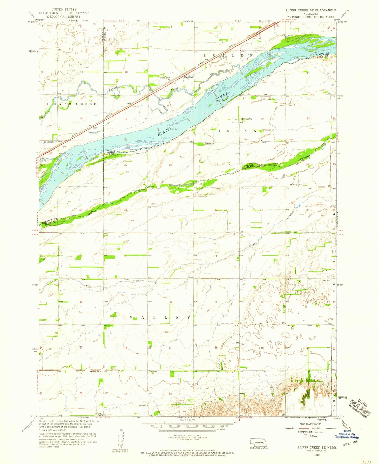 Classic USGS Silver Creek SE Nebraska 7.5'x7.5' Topo Map Image