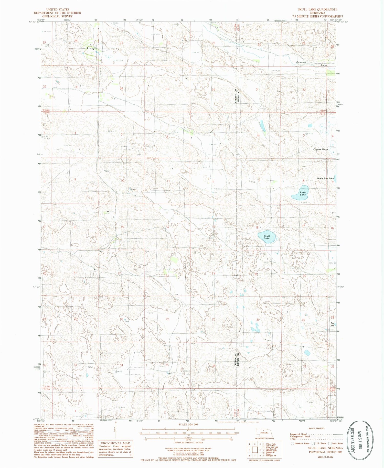 Classic USGS Skull Lake Nebraska 7.5'x7.5' Topo Map Image
