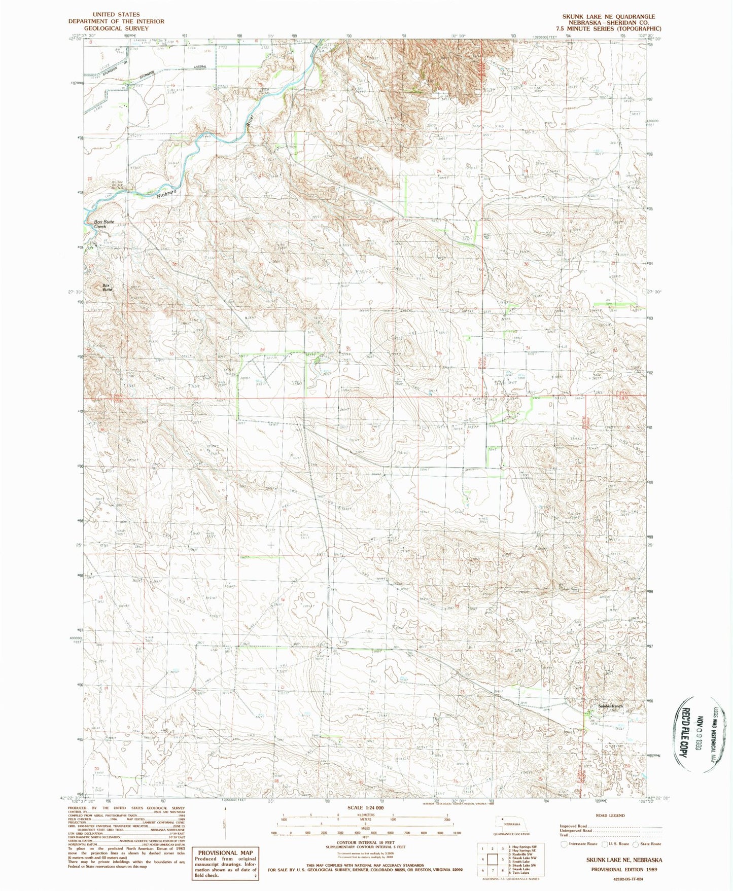 Classic USGS Skunk Lake NE Nebraska 7.5'x7.5' Topo Map Image