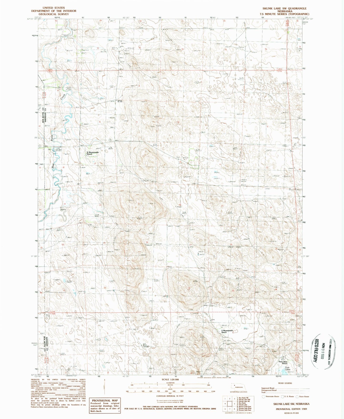 Classic USGS Skunk Lake SW Nebraska 7.5'x7.5' Topo Map Image