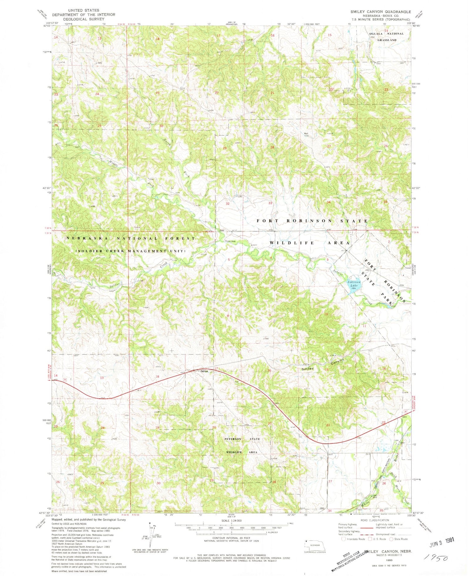 Classic USGS Smiley Canyon Nebraska 7.5'x7.5' Topo Map Image
