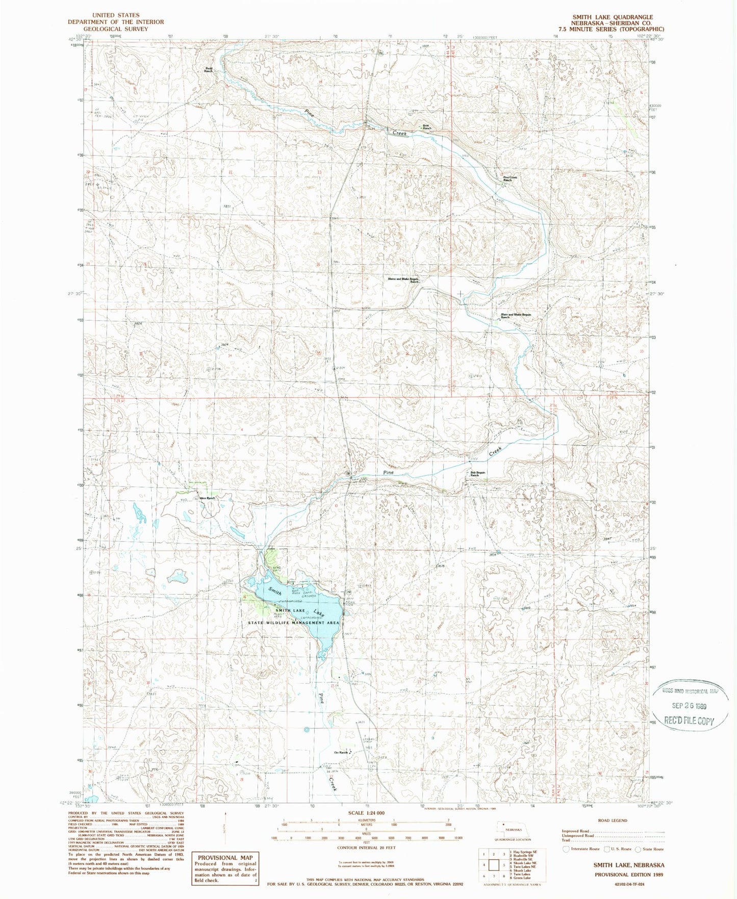 Classic USGS Smith Lake Nebraska 7.5'x7.5' Topo Map Image