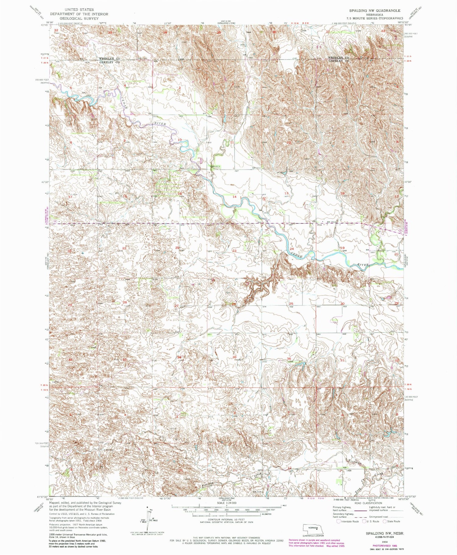 Classic USGS Spalding NW Nebraska 7.5'x7.5' Topo Map Image