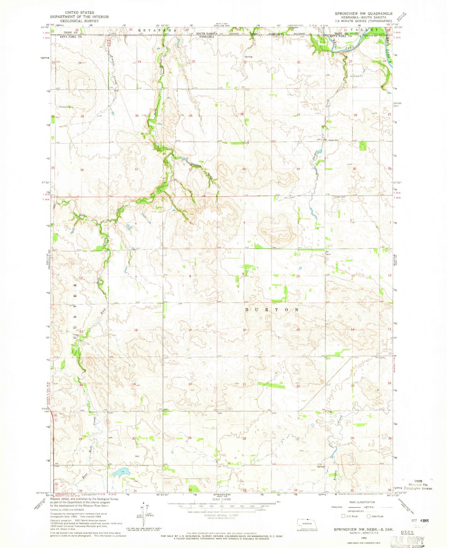 Classic USGS Springview NW Nebraska 7.5'x7.5' Topo Map Image