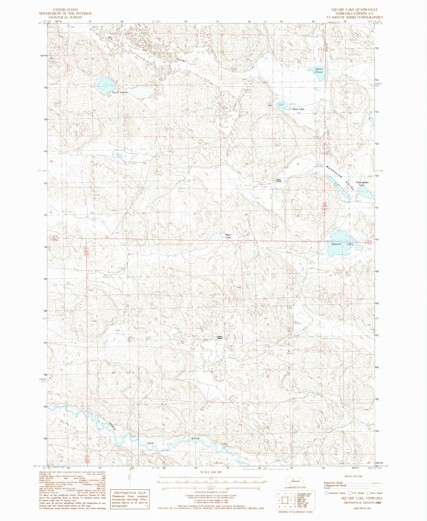 Classic USGS Square Lake Nebraska 7.5'x7.5' Topo Map Image
