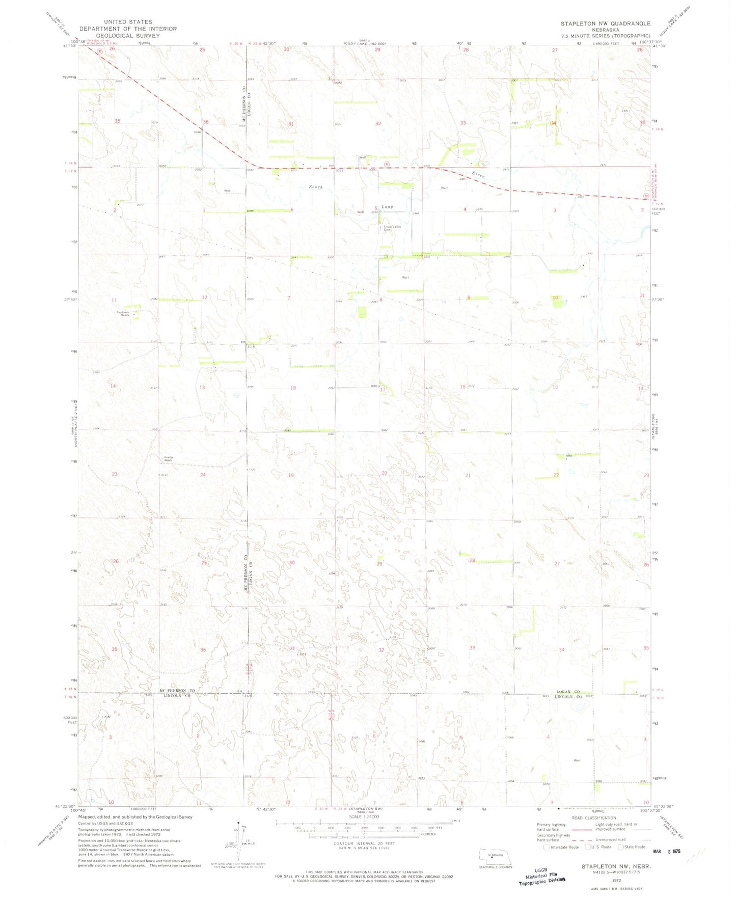 Classic USGS Stapleton NW Nebraska 7.5'x7.5' Topo Map Image