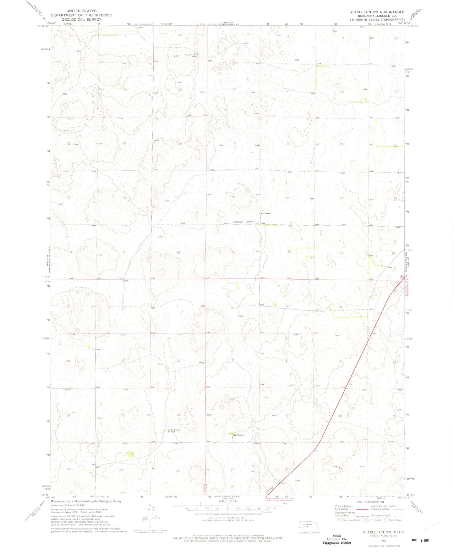 Classic USGS Stapleton SW Nebraska 7.5'x7.5' Topo Map Image