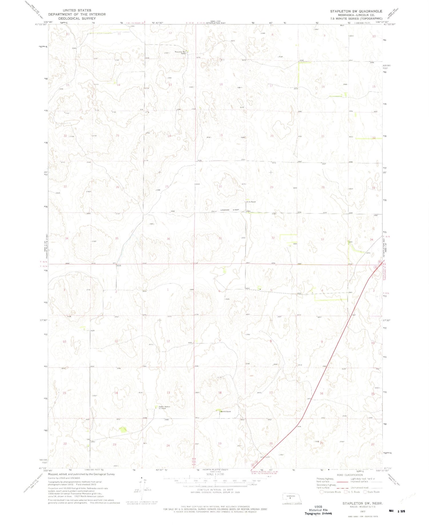Classic USGS Stapleton SW Nebraska 7.5'x7.5' Topo Map Image