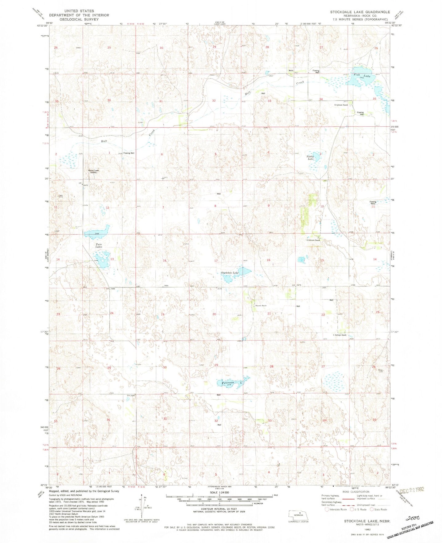 Classic USGS Stockdale Lake Nebraska 7.5'x7.5' Topo Map Image