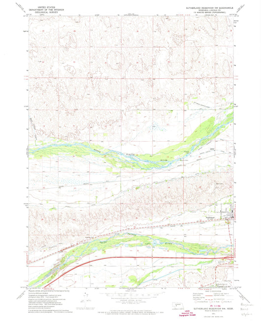 Classic USGS Sutherland Reservoir NW Nebraska 7.5'x7.5' Topo Map Image