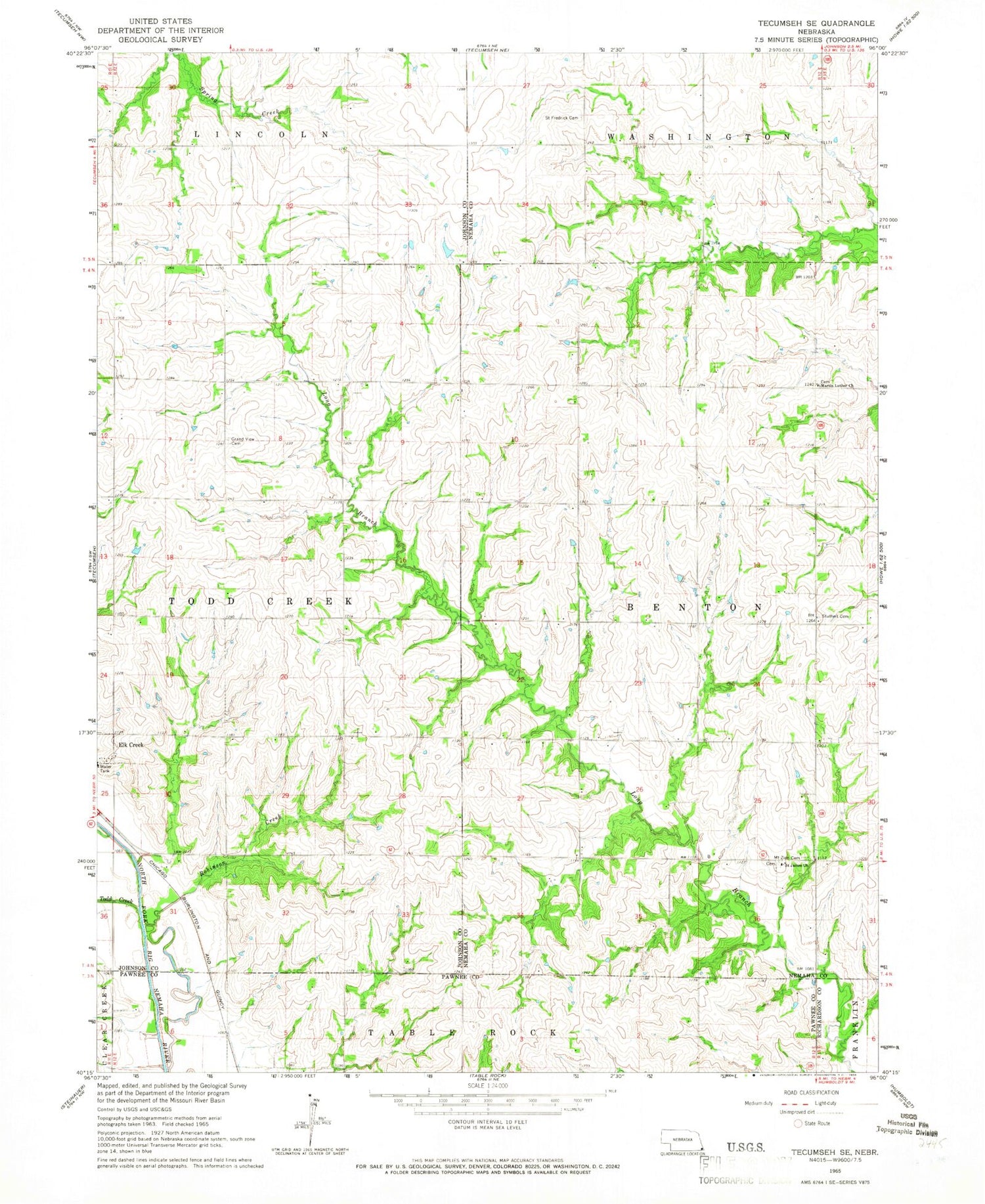 Classic USGS Tecumseh SE Nebraska 7.5'x7.5' Topo Map Image