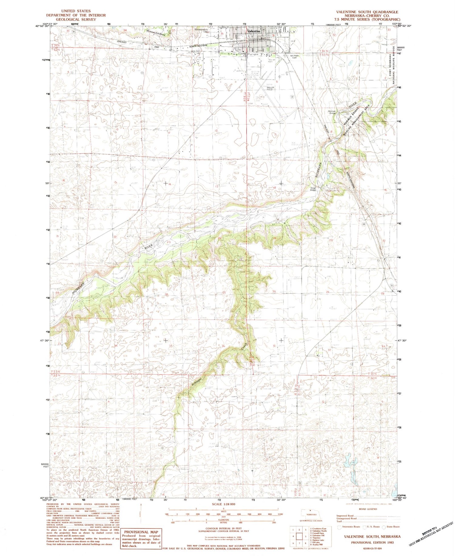 Classic USGS Valentine South Nebraska 7.5'x7.5' Topo Map Image