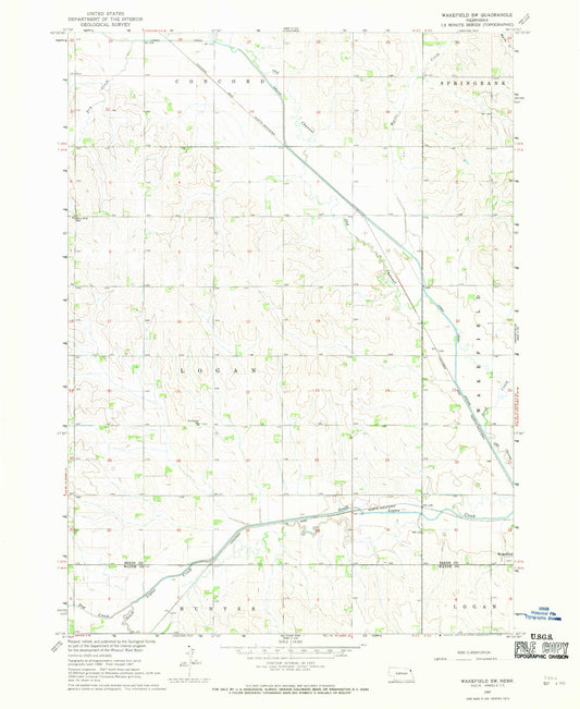 Classic USGS Wakefield SW Nebraska 7.5'x7.5' Topo Map Image