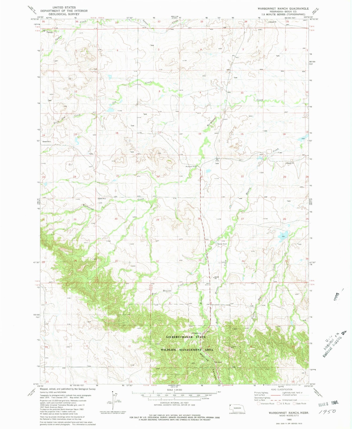 Classic USGS Warbonnet Ranch Nebraska 7.5'x7.5' Topo Map Image