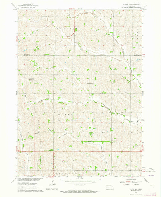 Classic USGS Wayne SW Nebraska 7.5'x7.5' Topo Map Image