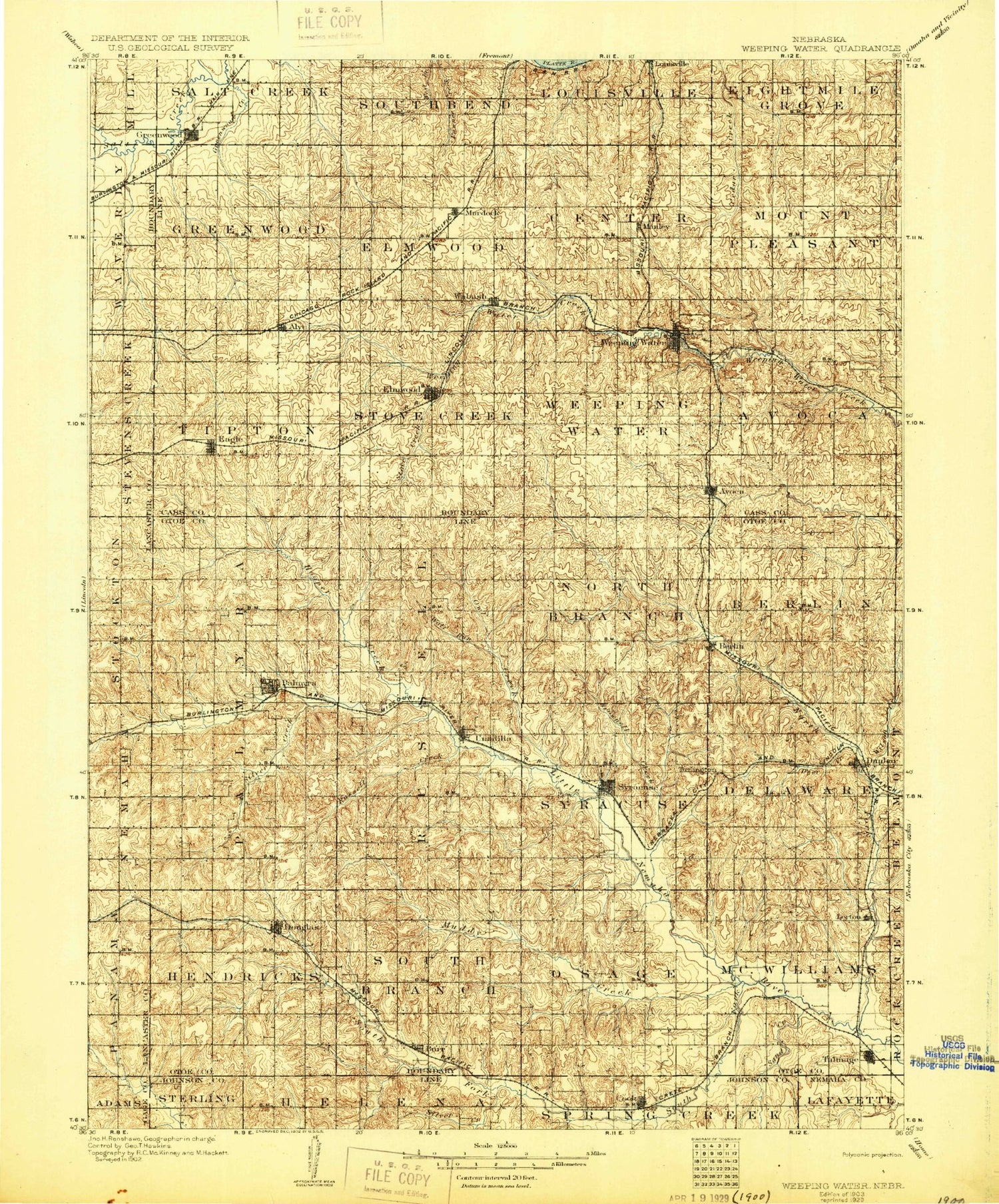 Historic 1929 Weeping Water Nebraska 30'x30' Topo Map Image