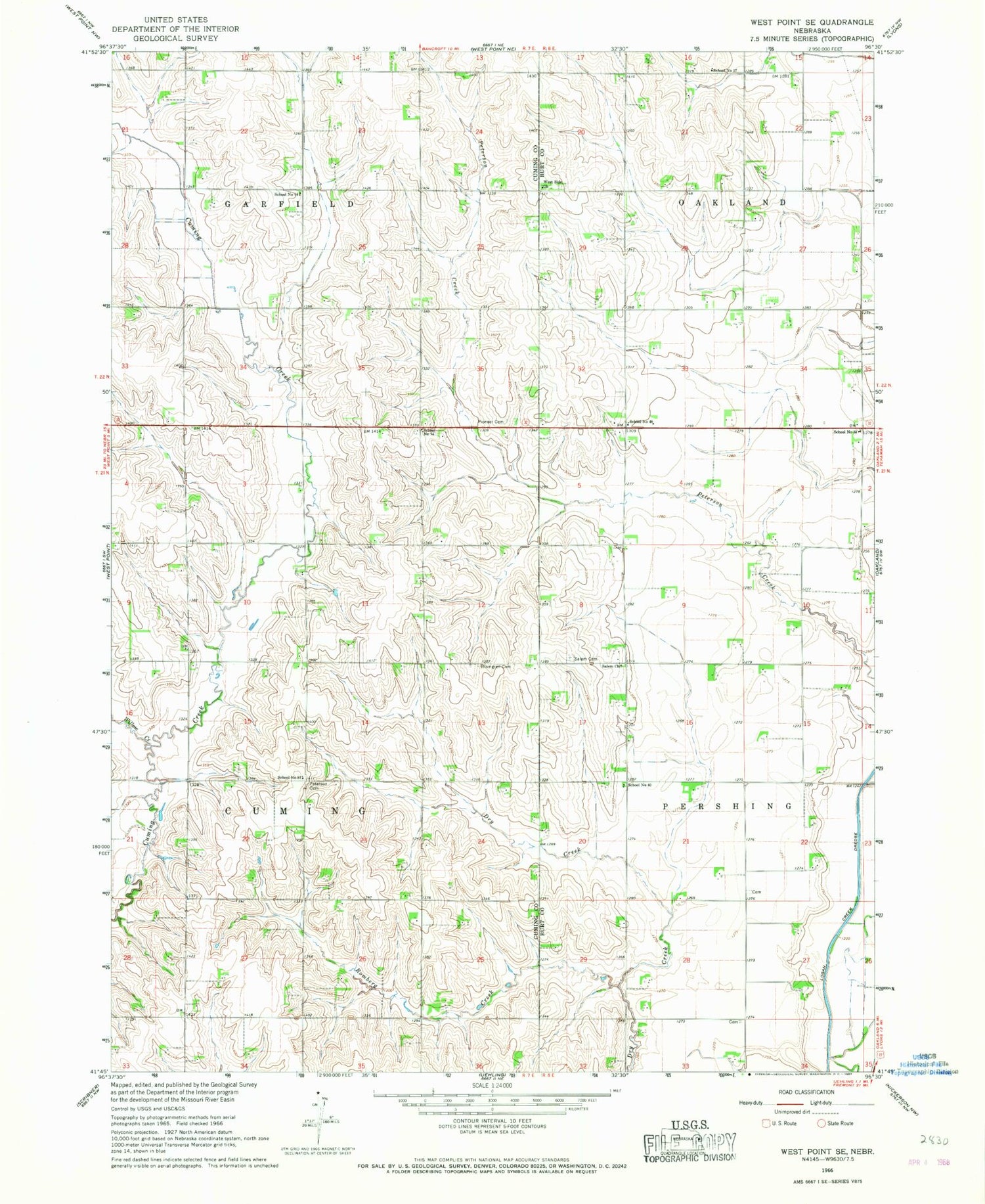 Classic USGS West Point SE Nebraska 7.5'x7.5' Topo Map Image