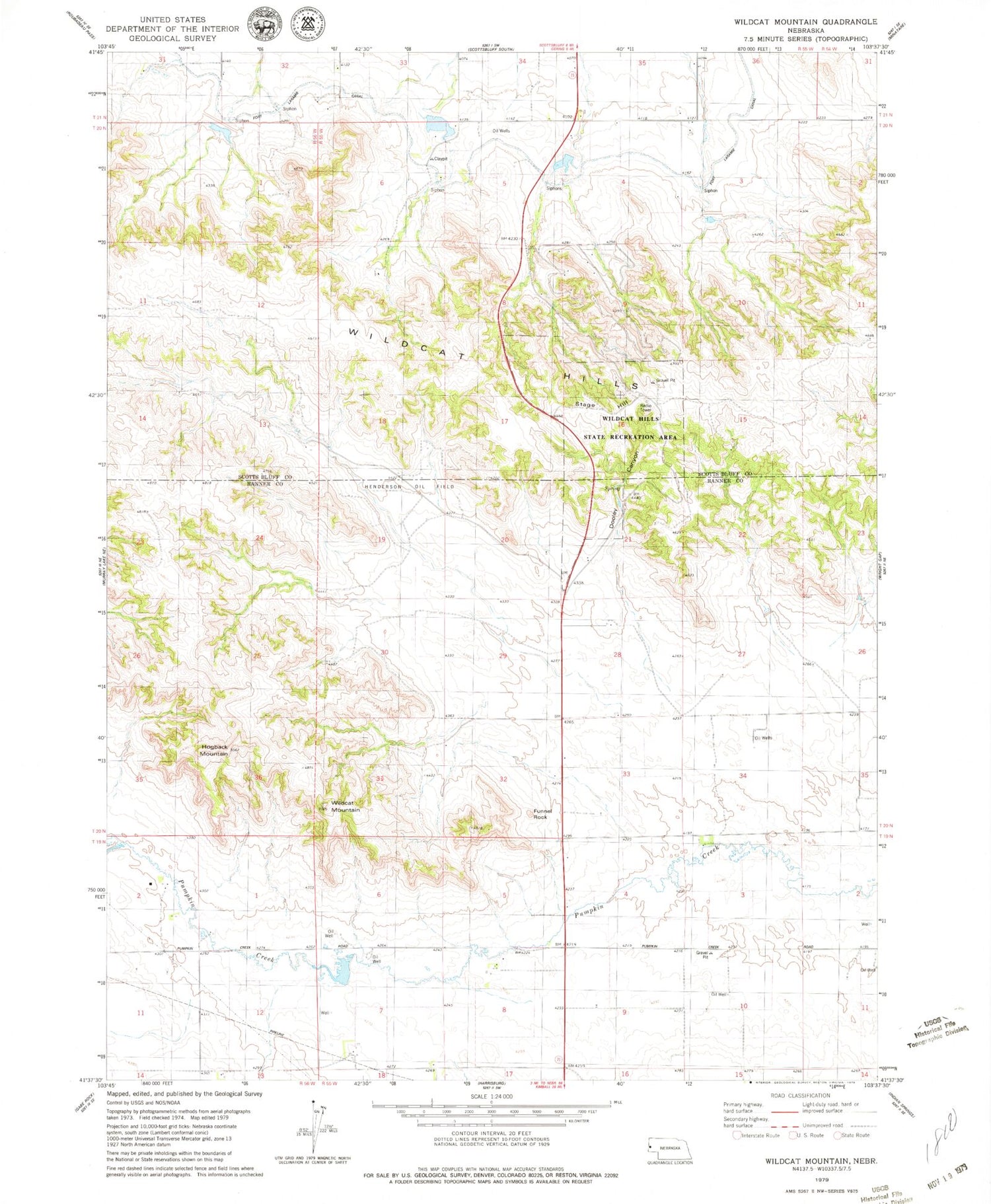 Classic USGS Wildcat Mountain Nebraska 7.5'x7.5' Topo Map Image